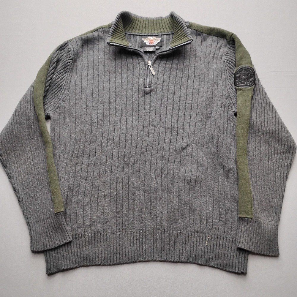 Harley Davidson Mens 2XL Gray Green Ribbed 1/4 Zip Cotton Sweater